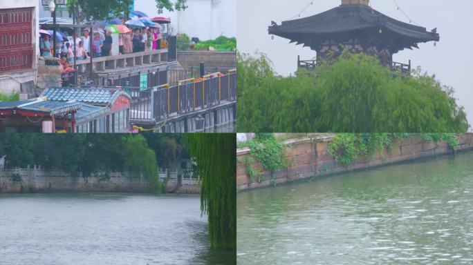 江苏苏州姑苏寒山寺江南水乡下雨季游客风景