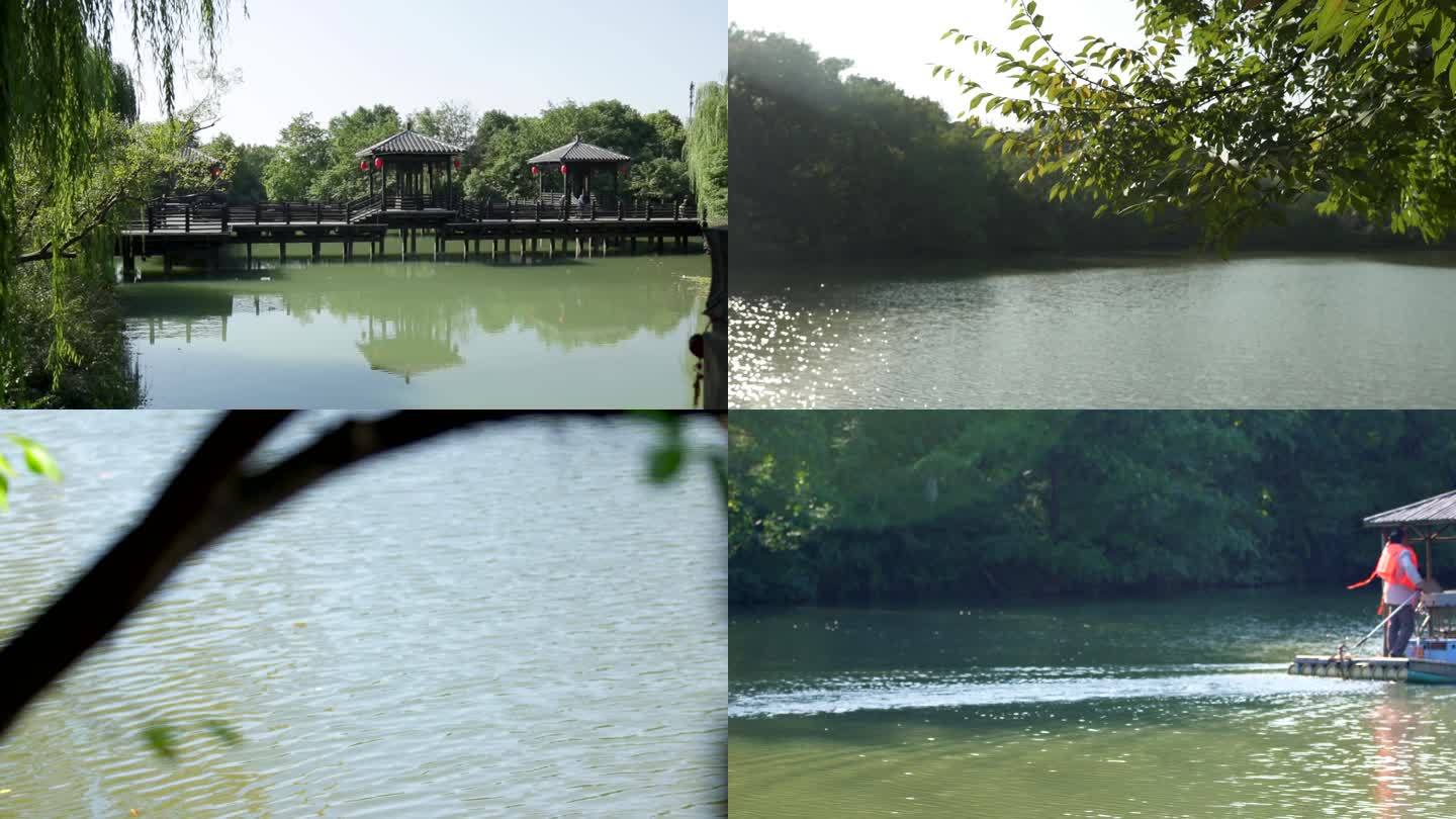 森林 湖水波光粼粼 游船 常州淹城遗址