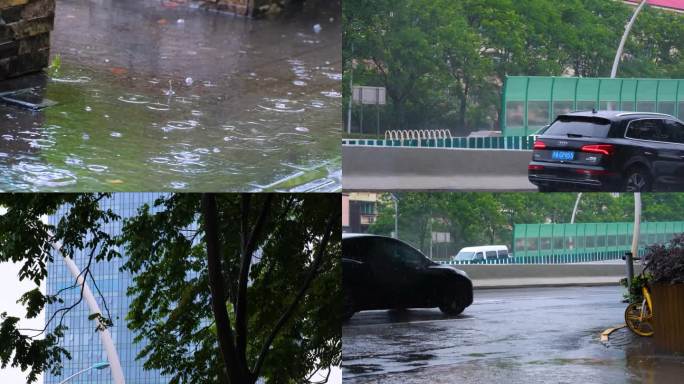 城市马路道路下雨天雨水雨滴街景街道街头风