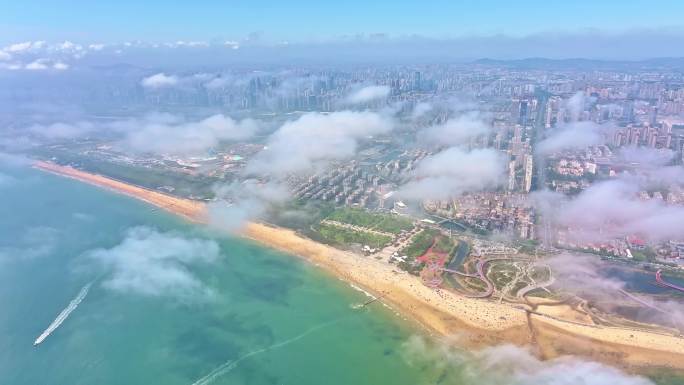 航拍-日照沿海城市平流雾