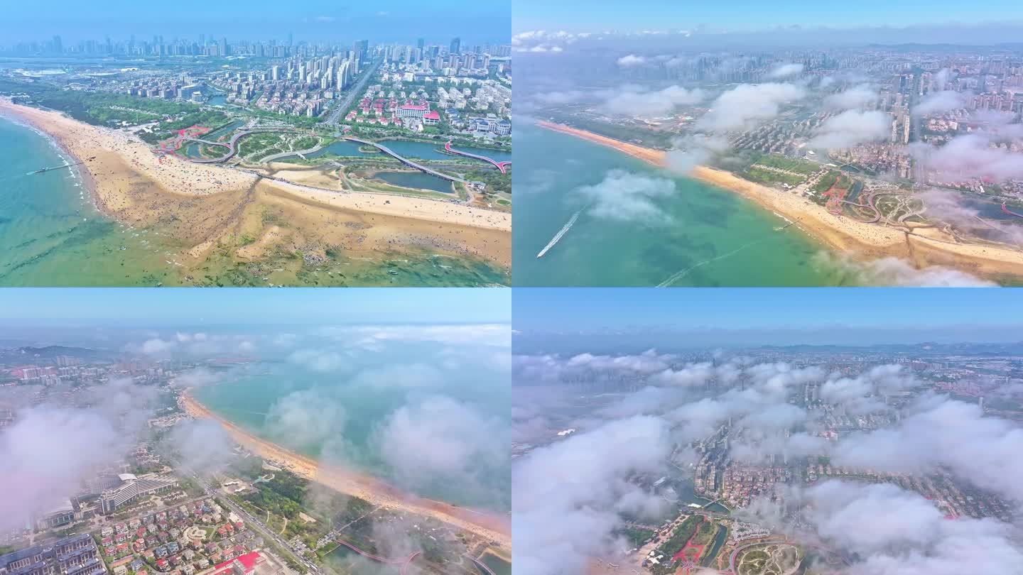 航拍-日照沿海城市平流雾