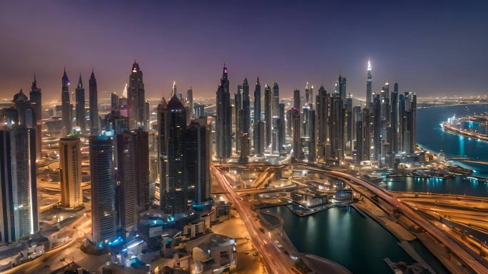 迪拜城市夜景照明公寓楼时间流逝阿联酋
