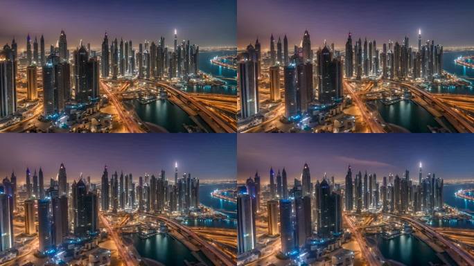 迪拜城市夜景照明公寓楼时间流逝阿联酋