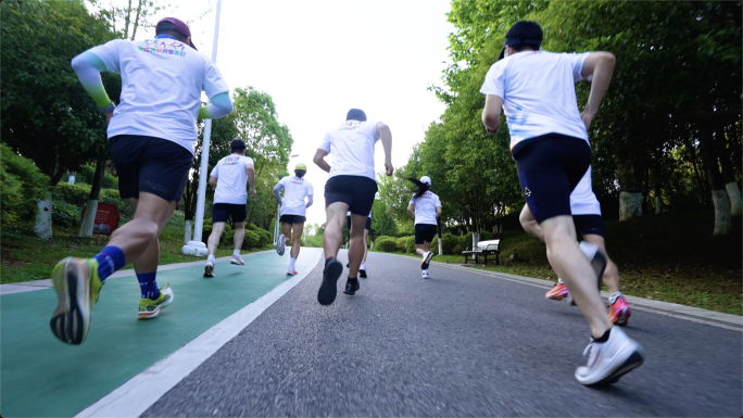 一群人公园跑步背影 城市运动青春风采健身