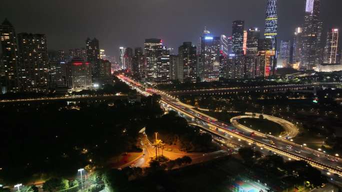 广州大桥夜景航拍车流交通广州大道夜晚车水