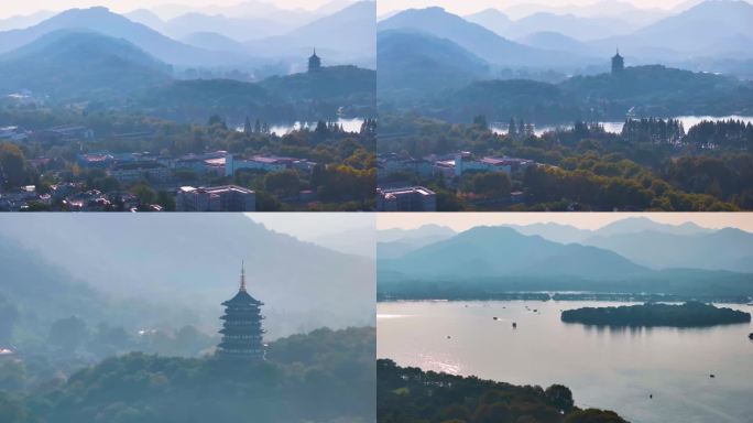 西湖雷峰塔景区大自然风光群山航拍杭州风景
