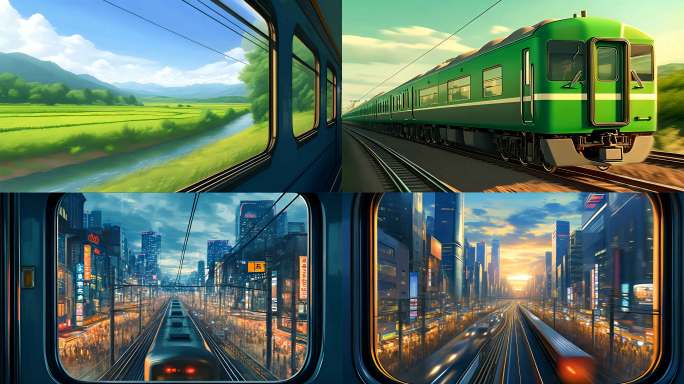 AI动漫卡通短片宫崎骏的夏天火车城市夜景