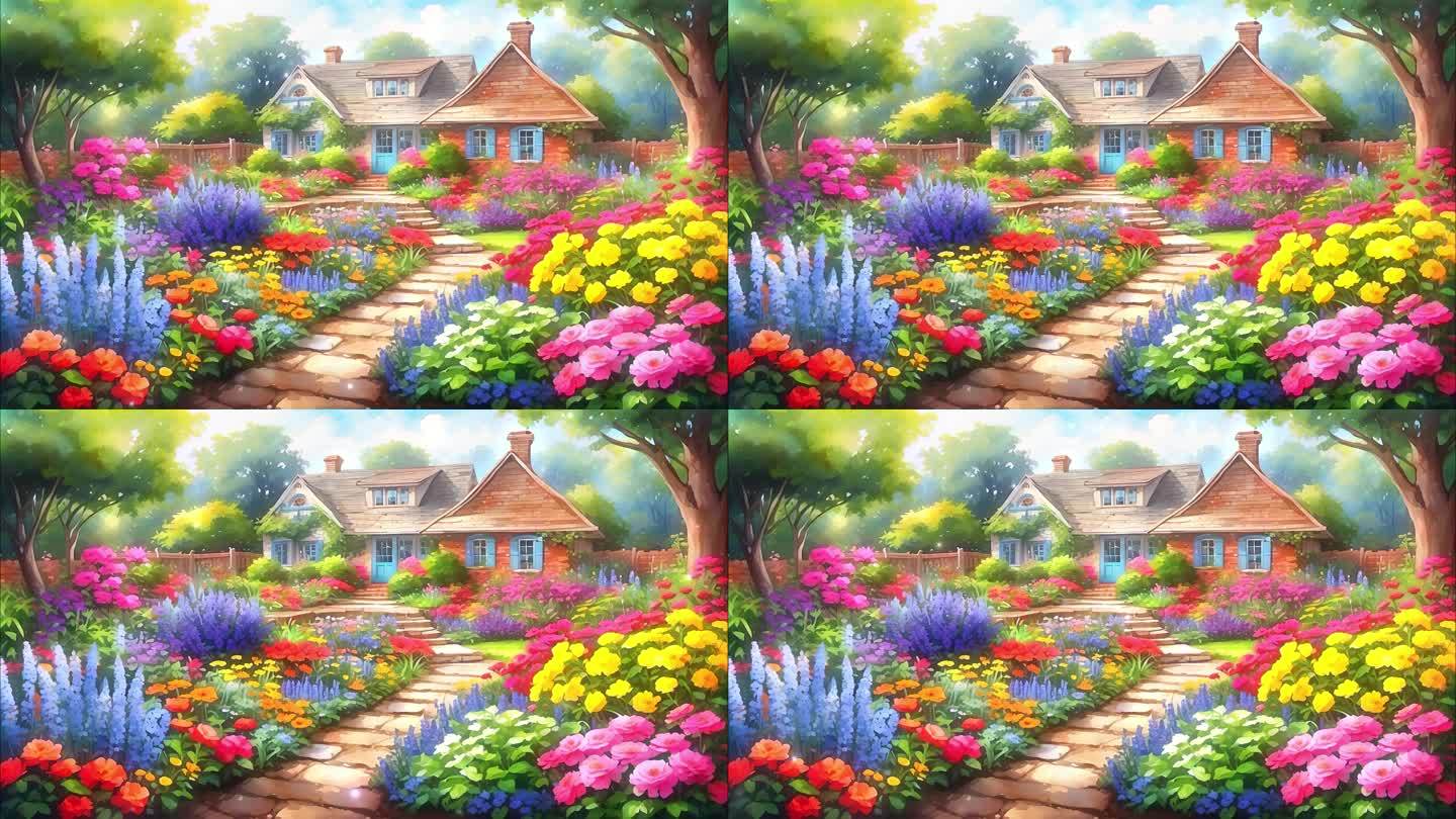 4K唯美梦幻卡通油画花园花园花海鲜花背景