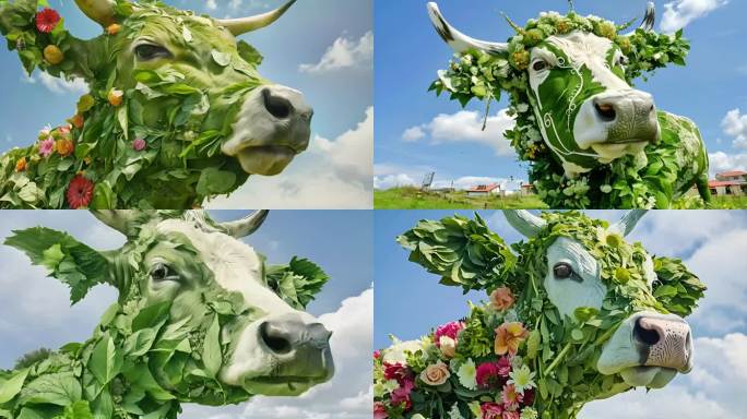 花朵组成的牛+绿色健康的牛