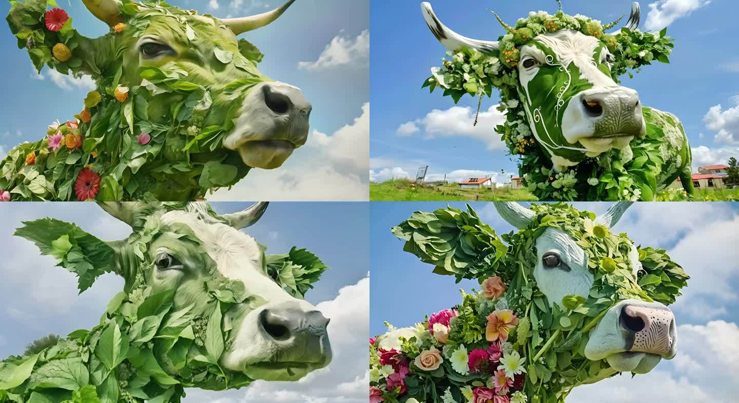 花朵组成的牛+绿色健康的牛