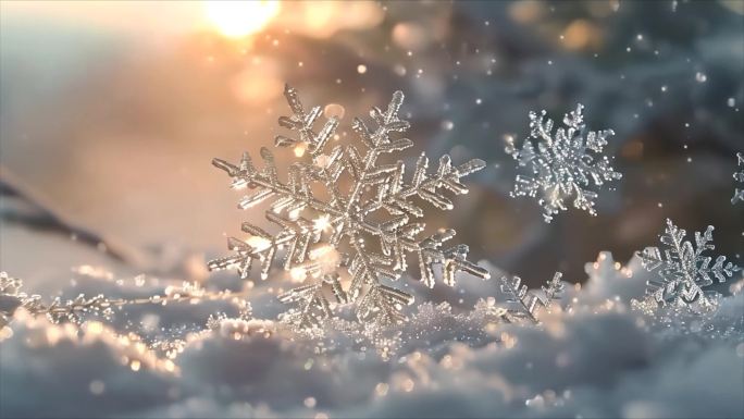 冬天雪花雪景下雪天冰晶雪花特写空镜头唯美