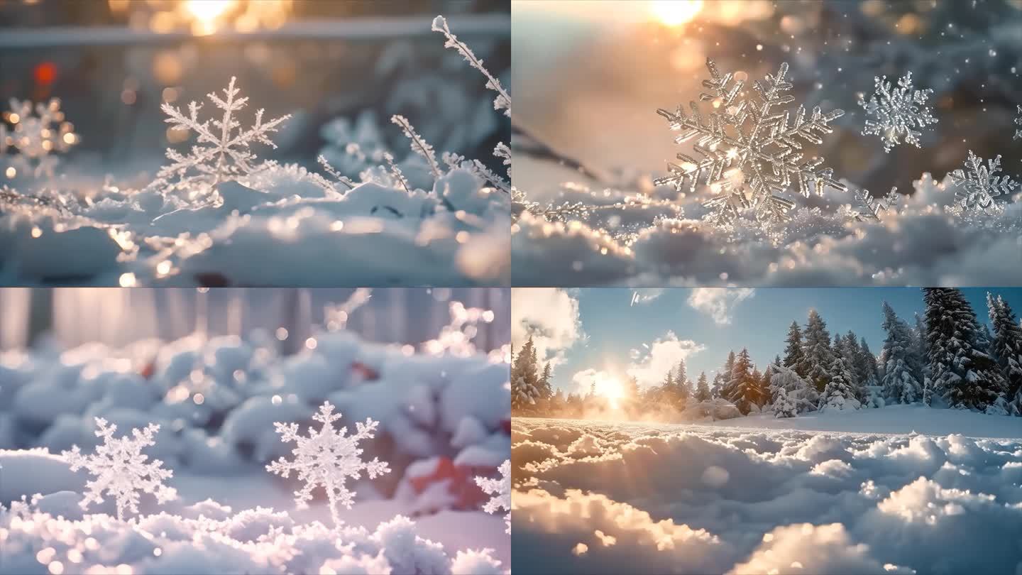 冬天雪花雪景下雪天冰晶雪花特写空镜头唯美