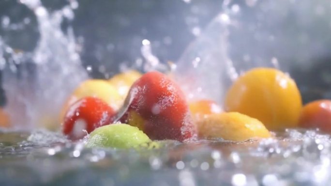 【4K】多角度-慢动作水流撞击水果