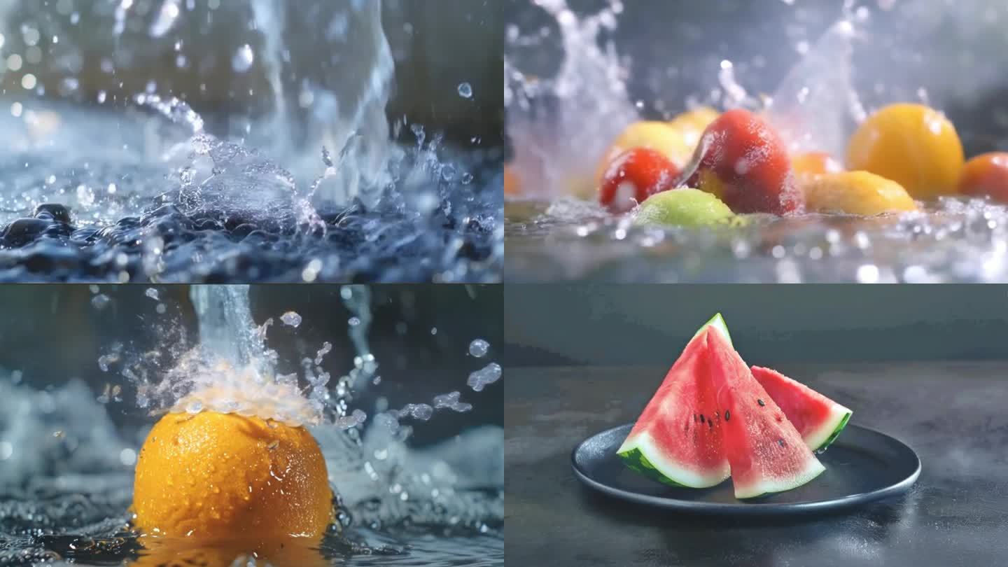【4K】多角度-慢动作水流撞击水果
