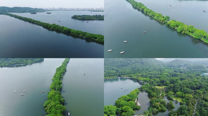 初夏航拍杭州西湖苏堤