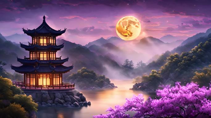 圆月下的庙宇中式建筑紫色鲜花树木