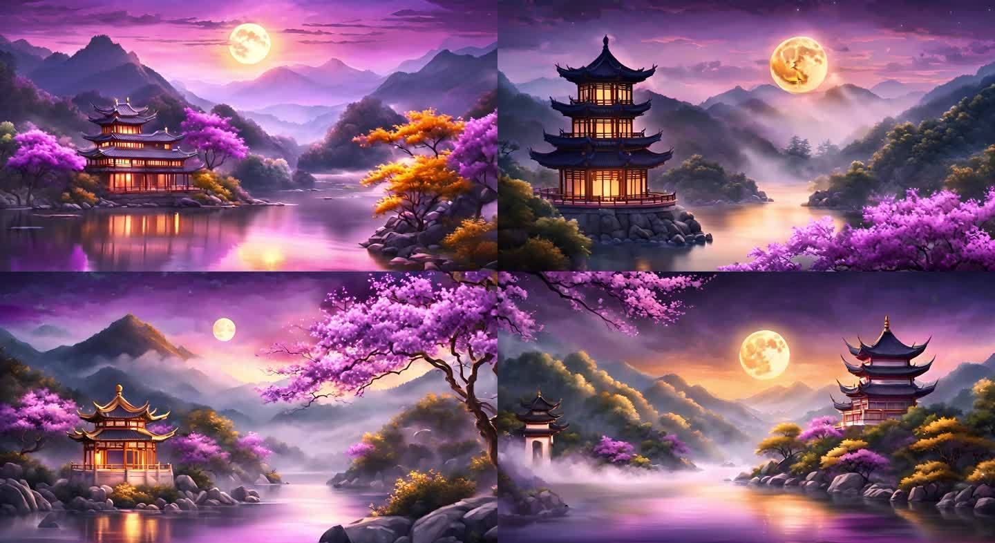 圆月下的庙宇中式建筑紫色鲜花树木