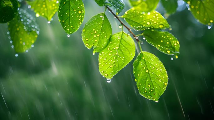 下雨天树叶子雨露露水雨滴唯美ai素材春天