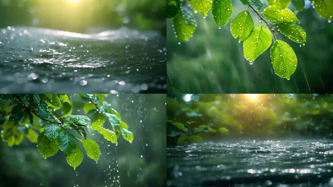 下雨天树叶子雨露露水雨滴唯美ai素材春天