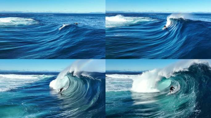 勇敢男人在海浪坡上冲浪水上极限运动