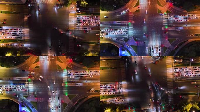 城市十字路口人流车流夜间延时摄影