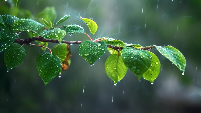 下雨天树叶子雨露露水雨滴唯美ai素材春天