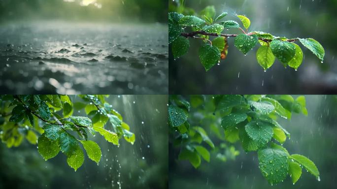 下雨天树叶子雨露露水雨滴唯美ai素材春天