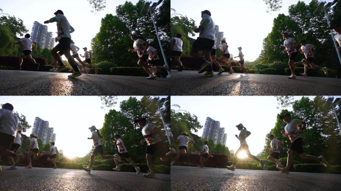 阳光跑步 清晨一群人公园跑步 奔跑健康