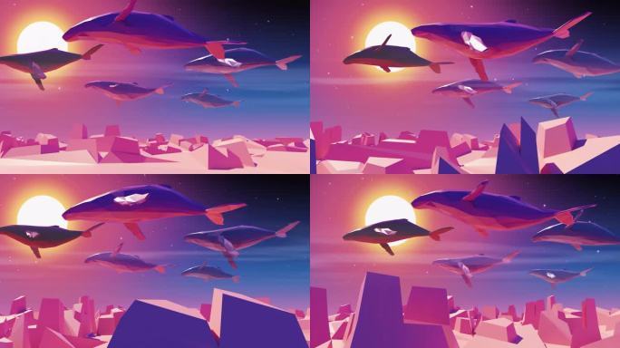 梦幻创意卡通风格一群鲸鱼漂浮在空中飞行