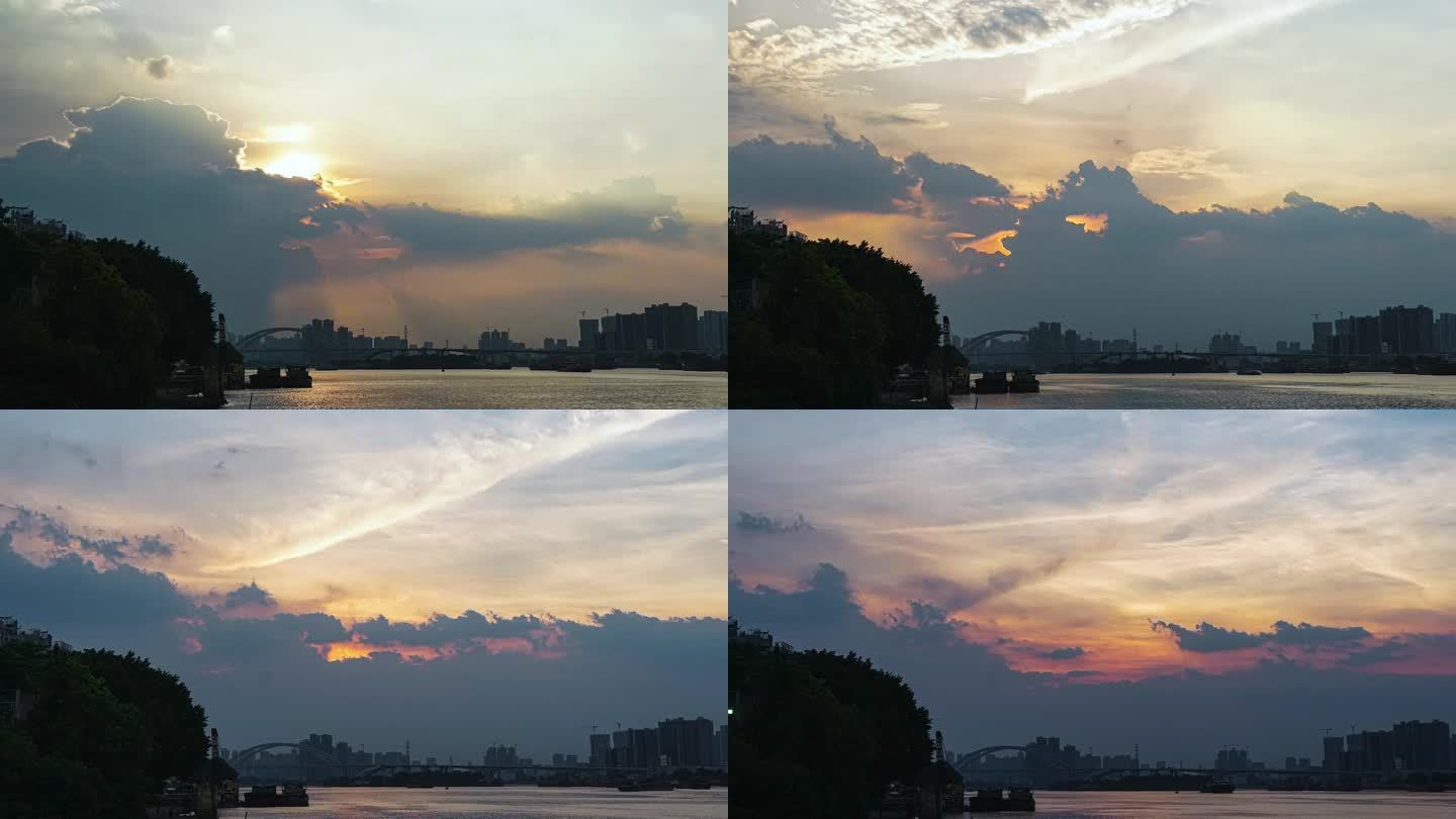 夕阳城市河边的云海落日延时