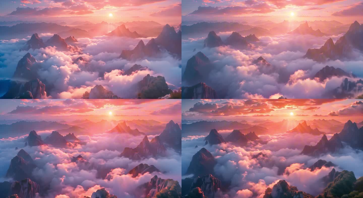 自然风景太阳升起光芒云层漂浮山脉轮廓壮观