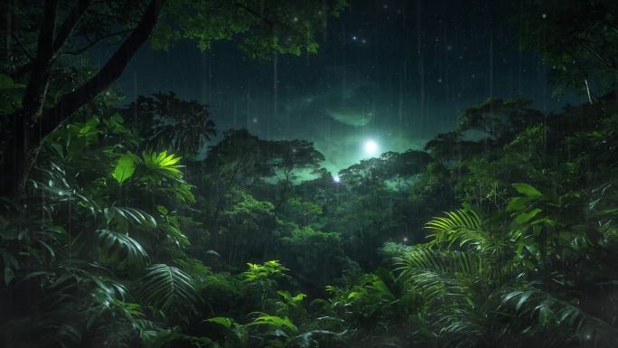 4K唯美梦幻热带雨林夜晚雨季下雨绿植背景