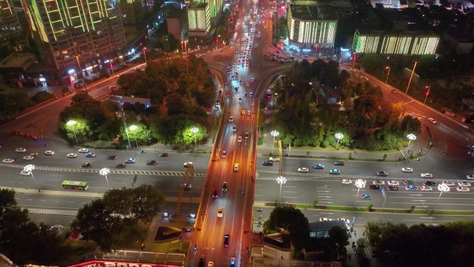 长沙夜景橘子洲大桥湘江中路车流交通航拍立