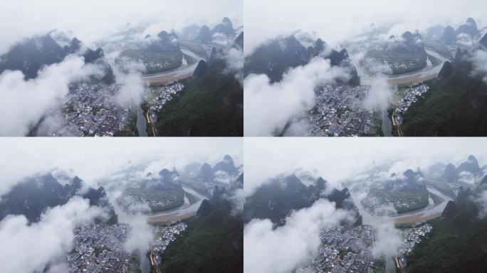 桂林山水烟雨漓江兴坪古镇航拍4K