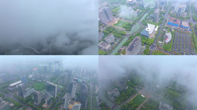 雨后云雾缭绕苏州工业园区城市风景航拍