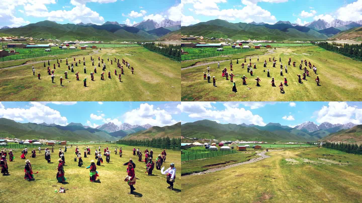 藏族群众草原上跳锅庄舞、幸福生活