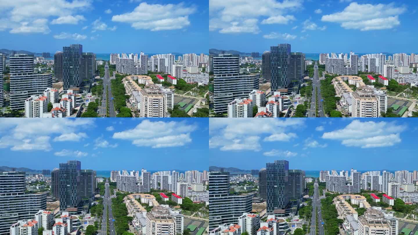 海南三亚城市商务建筑道路航拍唯美空镜头