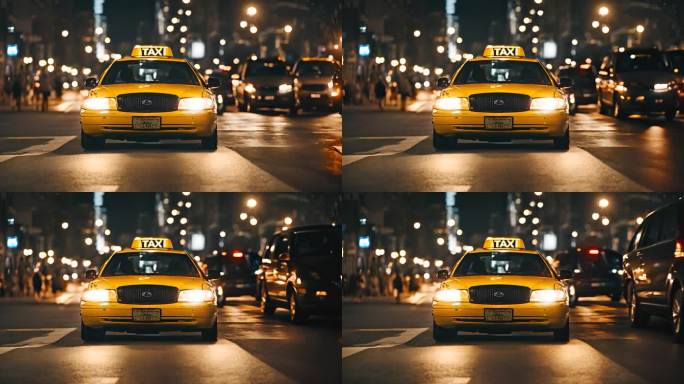 一名男子晚上开着私人出租车穿过城市街道