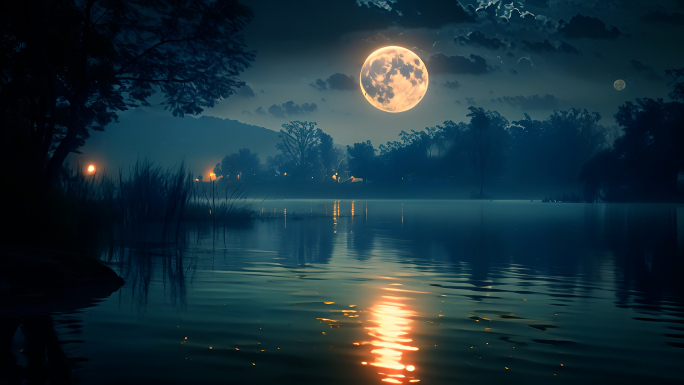 寂静夜晚海面月亮灯塔篝火氛围