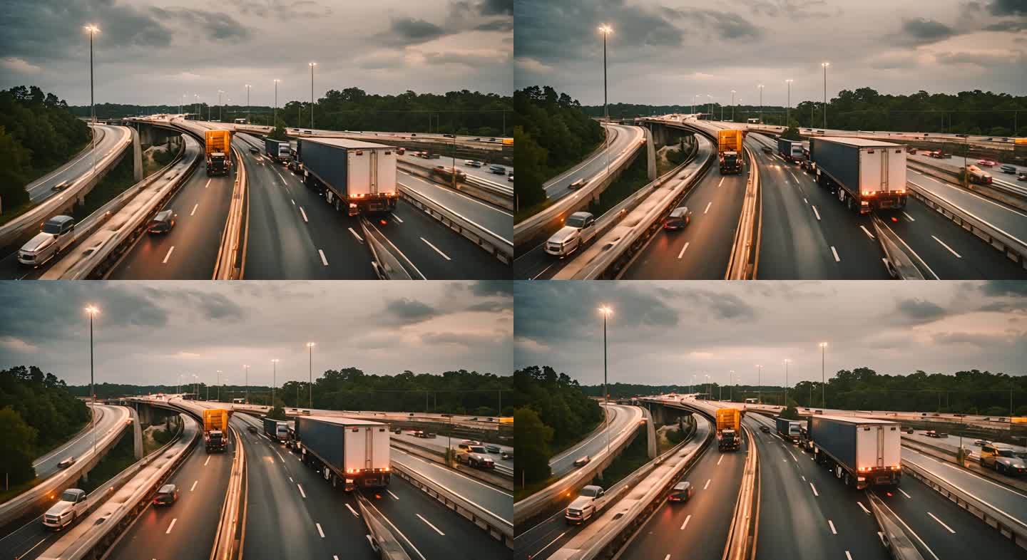 缓慢移动的交通与货运卡车在高速公路上
