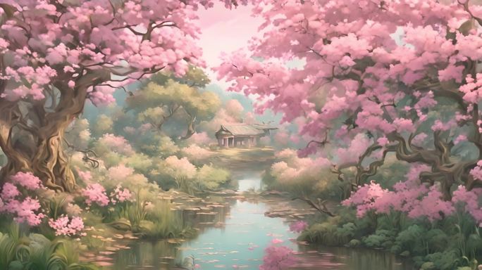 油画风格农村河流水面 H粉色视频