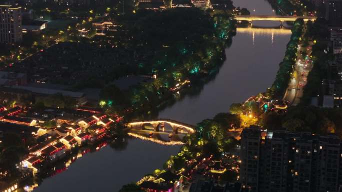 杭州京杭大运河拱宸桥夜景全景多角度航拍