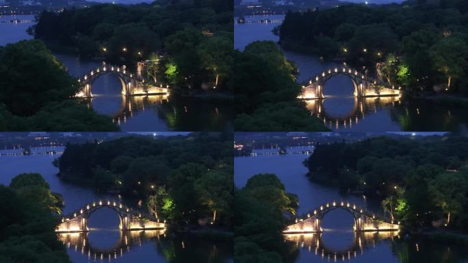 湘湖石拱桥夜景航拍