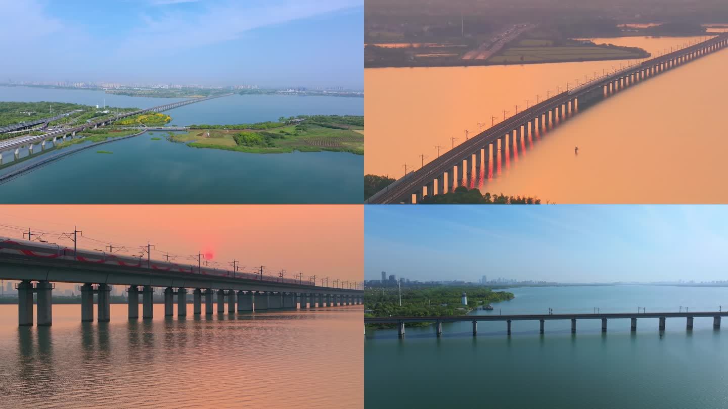 日落晚霞里苏州阳澄湖京沪高铁驶过航拍风景