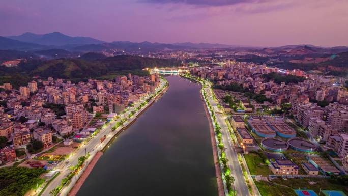 一河两岸 含章桥 小城市 延时航拍 晚霞