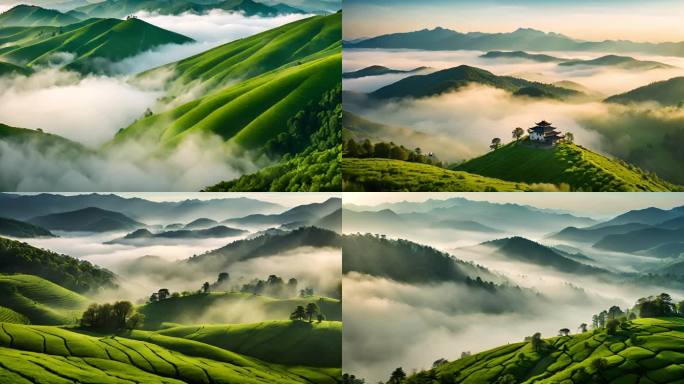 山上云雾缭绕绿茶红茶茶园航拍