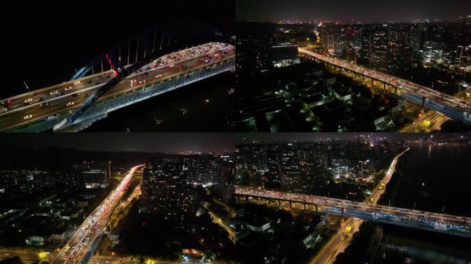 杭州钱塘江复兴大桥夜晚夜景航拍车流交通城