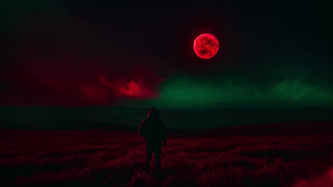 血红圆月下的黑衣服男人背影