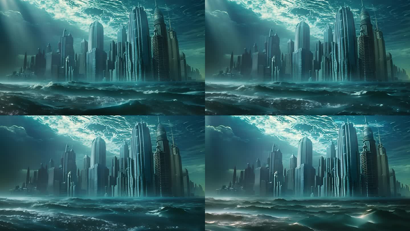 水上城市，被海水包围的现代城市建筑