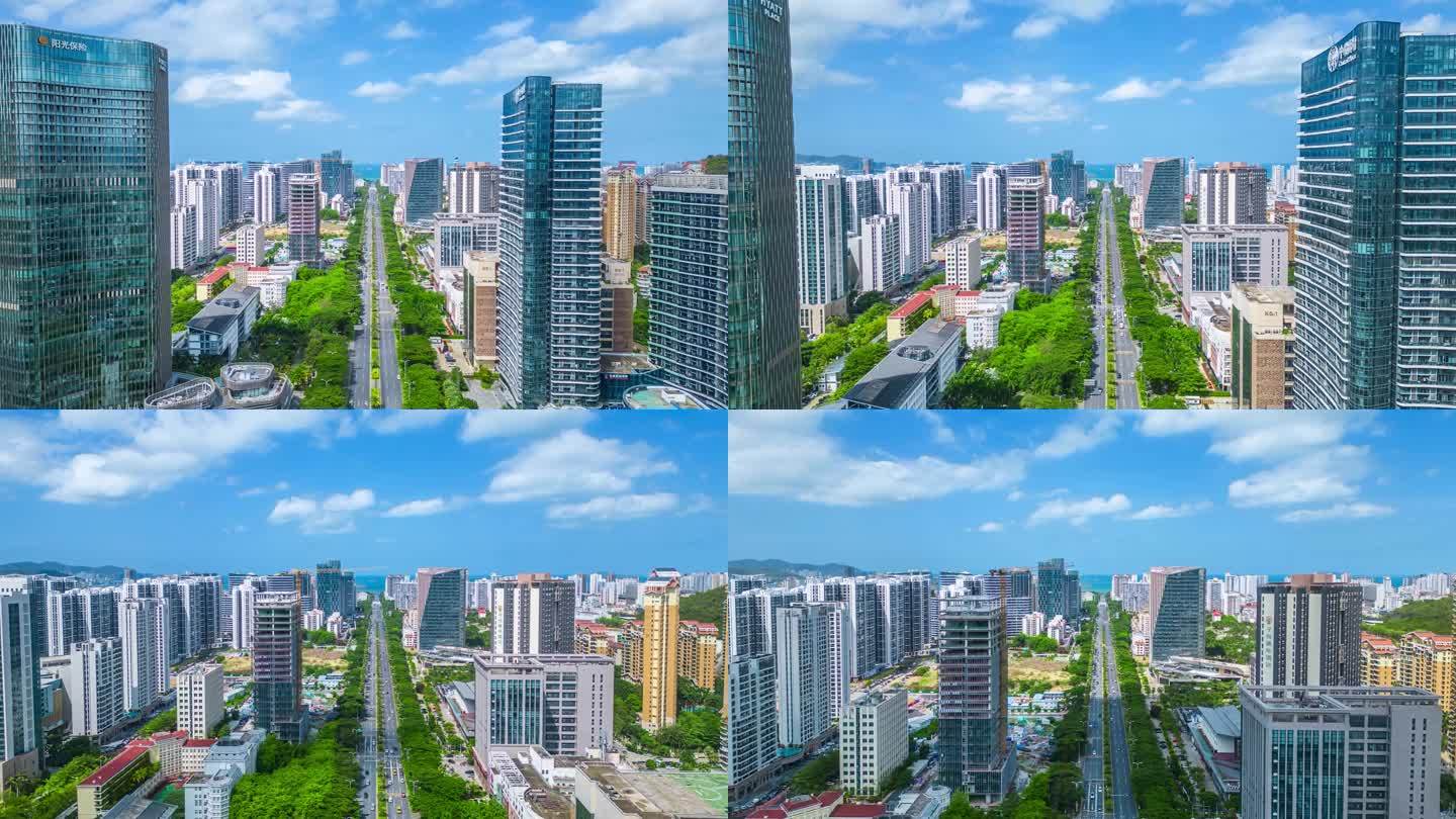 海南三亚城市商务建筑道路航拍延时空镜头